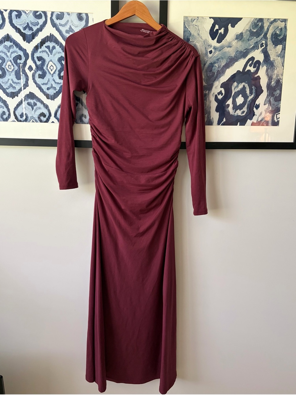 Abercrombie & Fitch Ruched Long-Sleeve Maxi Dress in Burgundy
